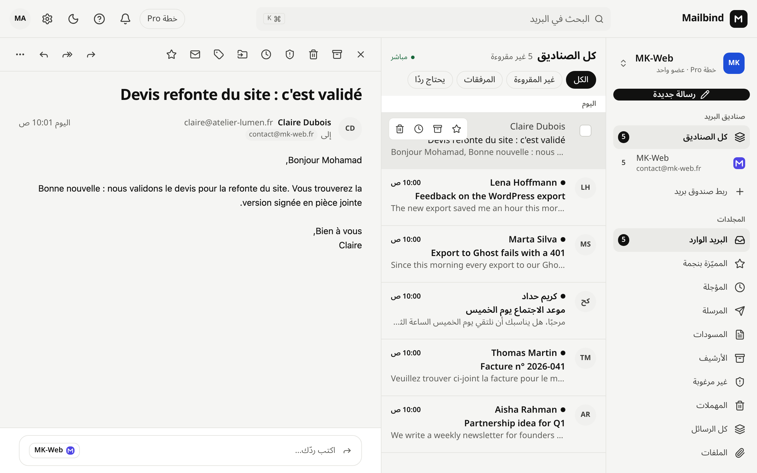 صندوق Mailbind: كل الصناديق في قائمة واحدة ورسالة مفتوحة بجانبها.